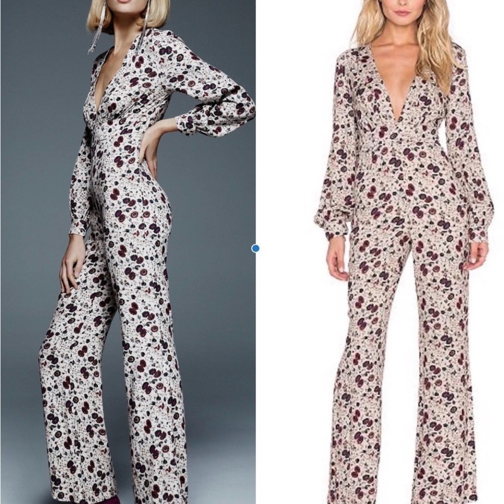 Free People Some Like It Hot Jumpsuit Floral Long Sleeve Deep V Neck Sz 0​​